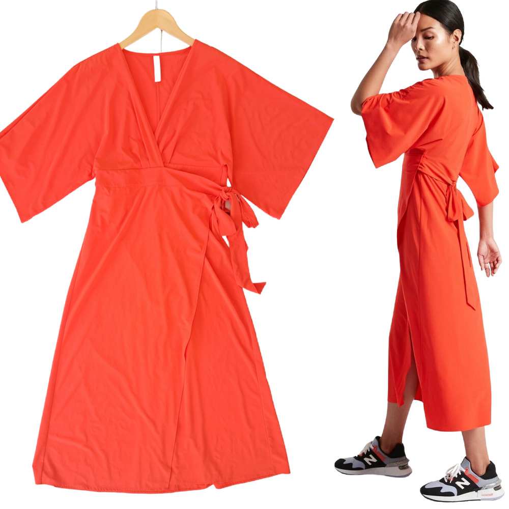 Athleta Calistoga Coverup Midi Maxi Wrap Dress Kimono Sleeve Orange Large